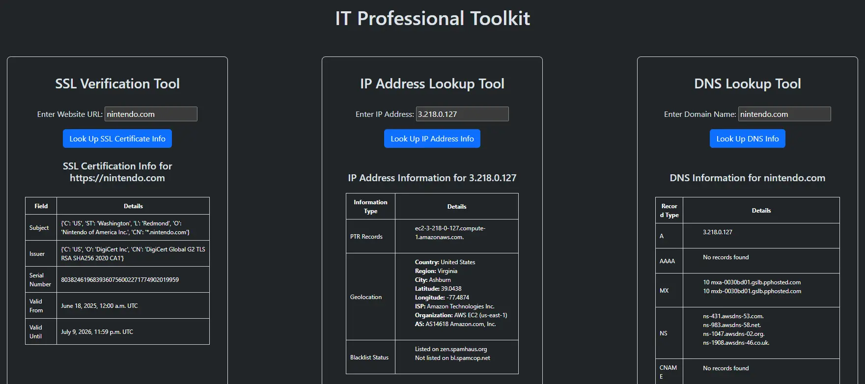 IT Professional Toolkit | SSL Verification, IP Address Lookup, DNS Lookup